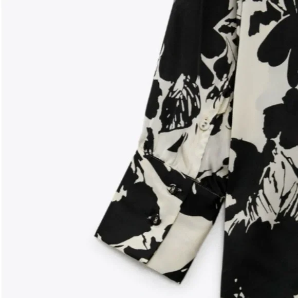 Zara Floral Print Button Down Silk Shirt in Ecru / Black Size M - Picture 13 of 16